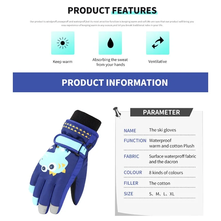 2114 1 Pair Cartoon Dinosaur Kids Winter Skiing Cycling Touch Screen Gloves Thick Warm Full Finger Gloves - Baby Blue / S