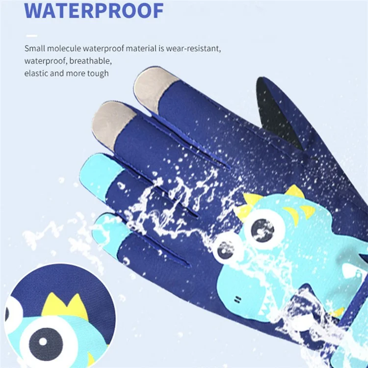 2114 1 Pair Cartoon Dinosaur Kids Winter Skiing Cycling Touch Screen Gloves Thick Warm Full Finger Gloves - Baby Blue / S