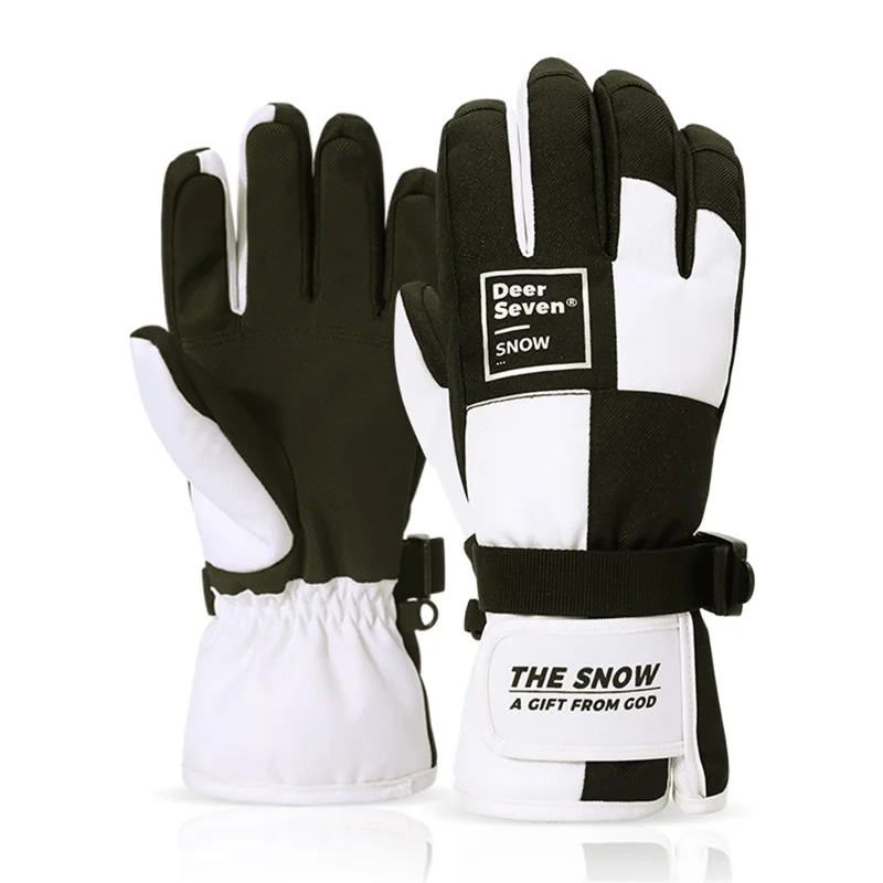 2201 1 Paire de gants de ski pour adultes à doigts entiers en coton, écran tactile, hiver imperméable et chauds - Noir+Blanc / L