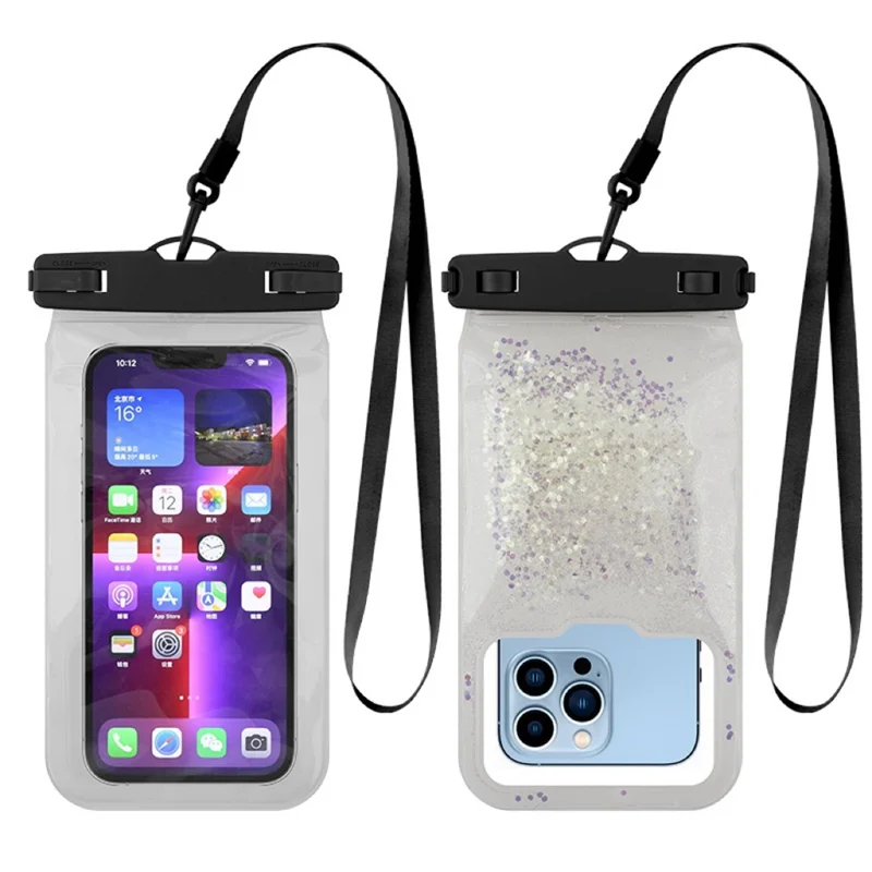 IPX8 Waterproof Case for 7.2-inch Phone Luminous Glitter Touch Screen Underwater Phone Cover - Black