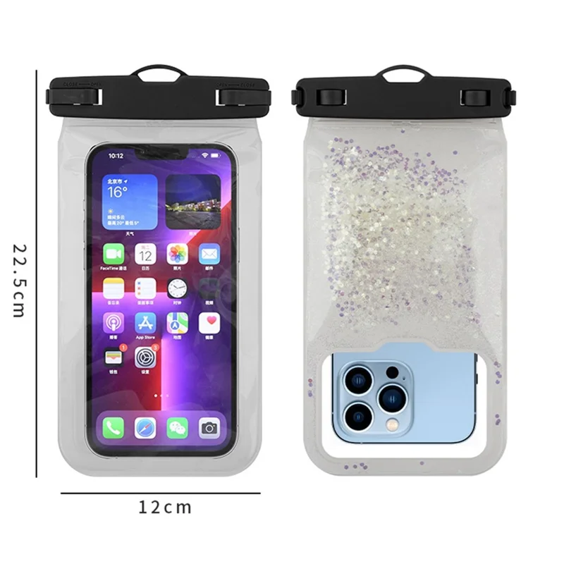 IPX8 Waterproof Case for 7.2-inch Phone Luminous Glitter Touch Screen Underwater Phone Cover - Black