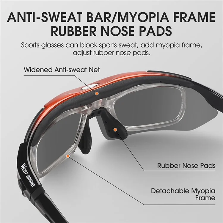 WEST BIKING YP0703142 Óculos de Sol Esportivos Polarizados para Ciclismo e Mountain Bike com 5 Lentes - Preto+Vermelho