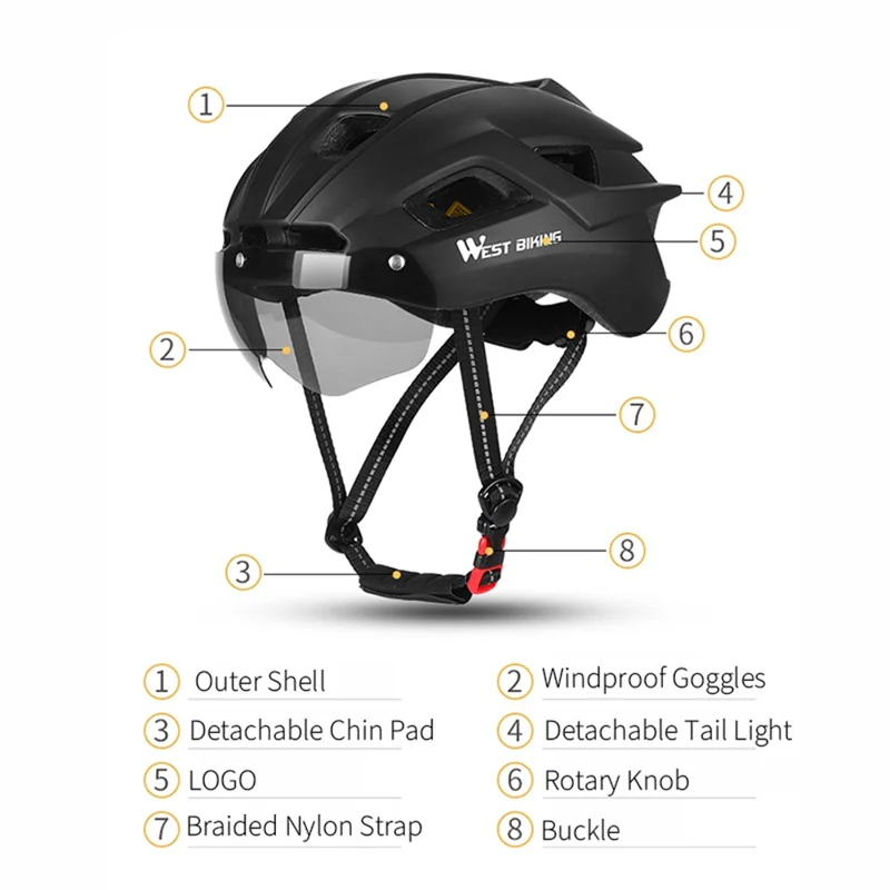 WEST BIKING Cycling Safety Helmet Outdoor Motorcycle Bicycle Removable Taillight Helmet Lens Visor Goggles - Black