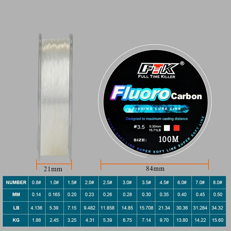 FTK 300m White Fluorocarbon Fishing Line Spool High Strength Monofilament Fish Line - Size 7.0