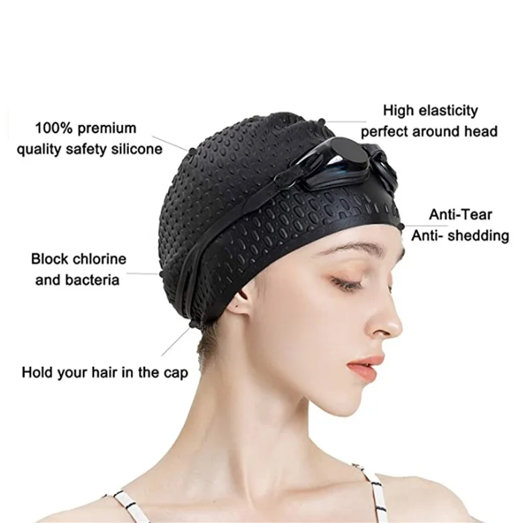 SOB-L4 Elastico Elastico Adgrace Cap da Nuoto Impermeabile da Bagno Donne Non Slittamento a Colori Solido Per Capelli Lunghi - Nero