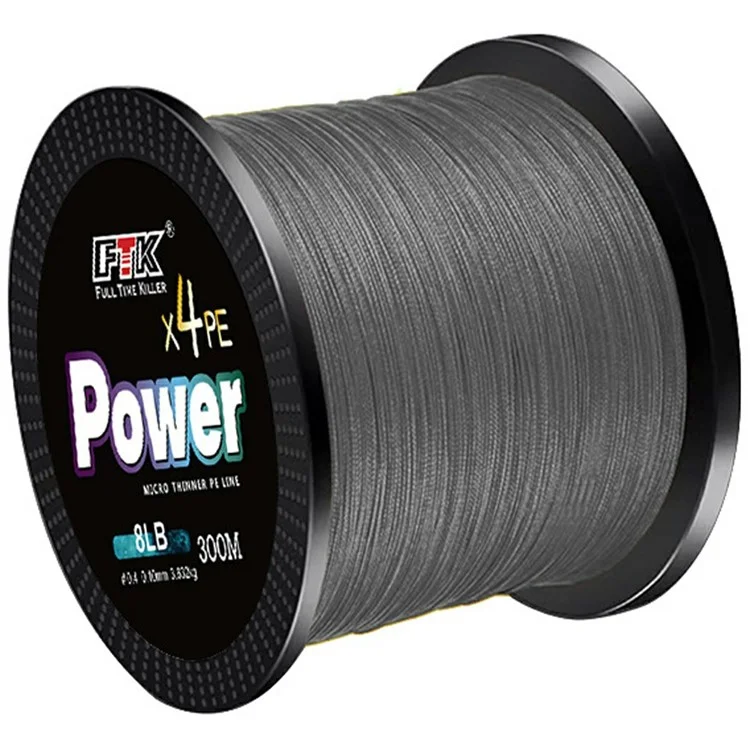 FTK 300m Grey PE 4 Strands Braided Fishing Line Super Strong Fishing Main Line - Size 0.4