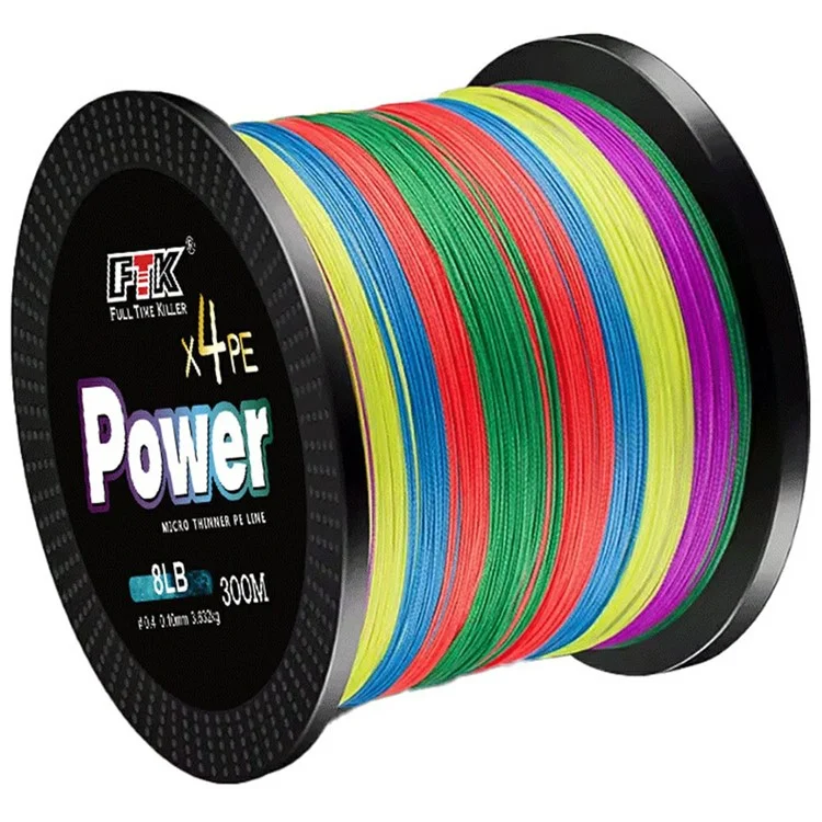 FTK 300m Multicolor PE 4 Strands Braided Fishing Line Super Strong Fishing Main Line - Size 4.0