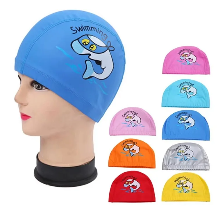 Bonnet de natation pour enfants en PU, Protection capillaire étanche, Design Dauphin - Rose
