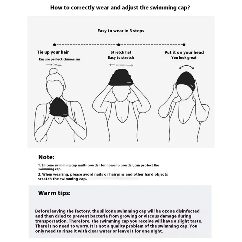 WAVE SC-4614 Swimming Cap Men Women Ear Protection Silicone Swim Hat for Pool Beach - Black