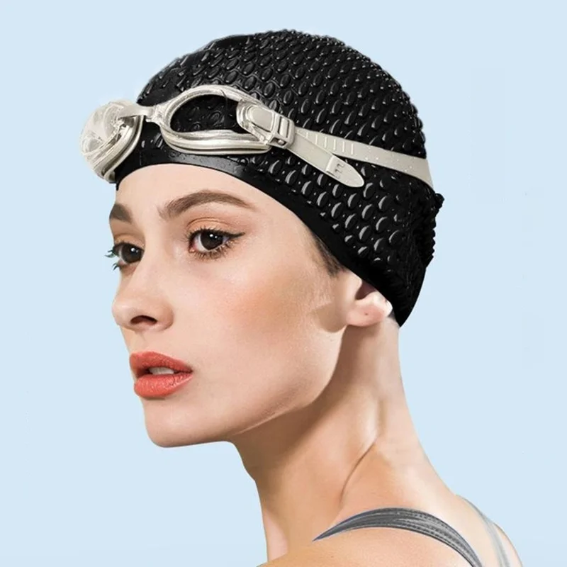 WAVE SC4616 Elastic Silicone Swimming Cap for Men Women Non Slip Waterproof Pool Hat - Black