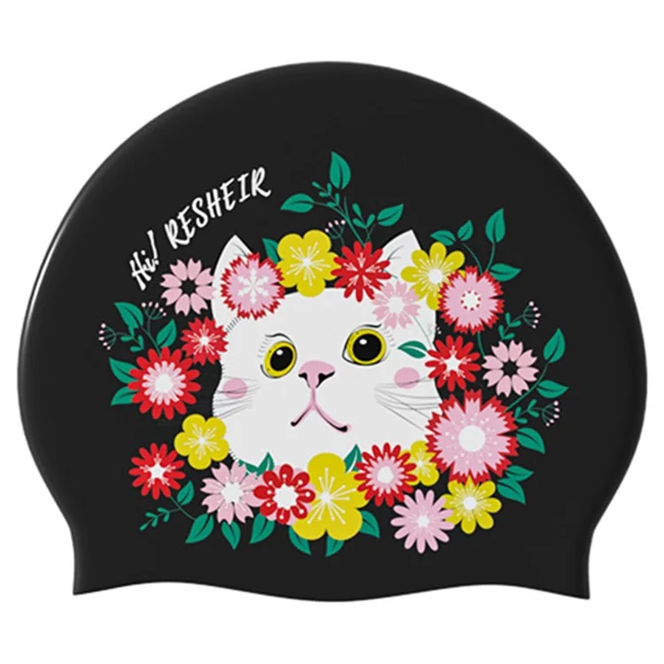 RESHEIR 7052 Touca de Natação com Estampa de Gato Desenhadinho para Mulheres de Cabelo Longo - Proteção de Orelhas em Silicone, Alta Elasticidade - Preto