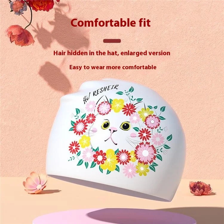 RESHEIR 7052 Touca de Natação com Estampa de Gato Desenhadinho para Mulheres de Cabelo Longo - Proteção de Orelhas em Silicone, Alta Elasticidade - Preto