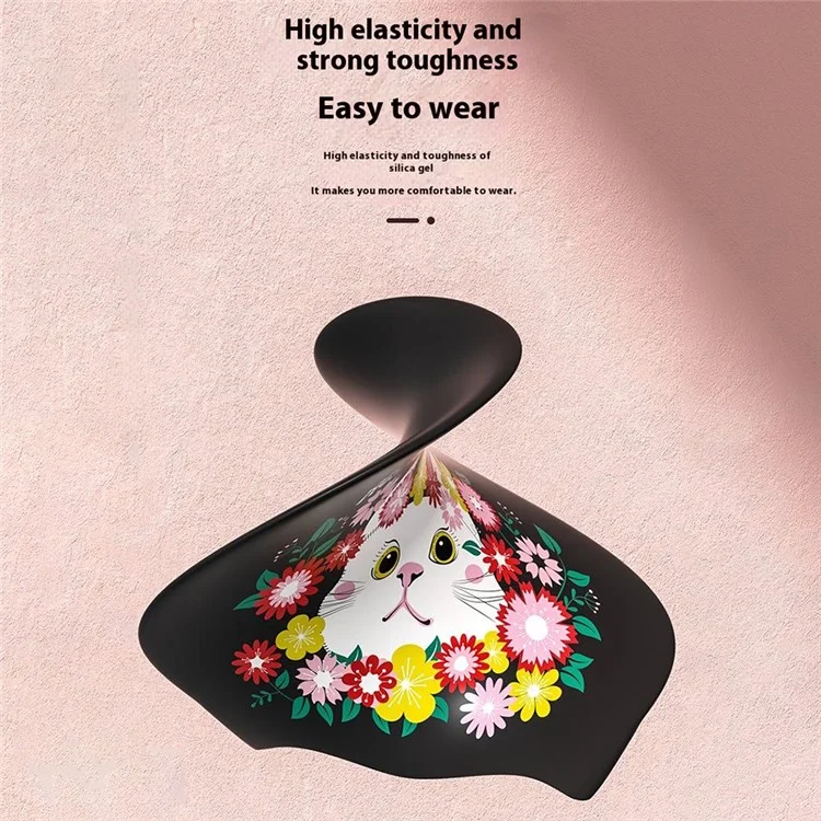 RESHEIR 7052 Touca de Natação com Estampa de Gato Desenhadinho para Mulheres de Cabelo Longo - Proteção de Orelhas em Silicone, Alta Elasticidade - Preto