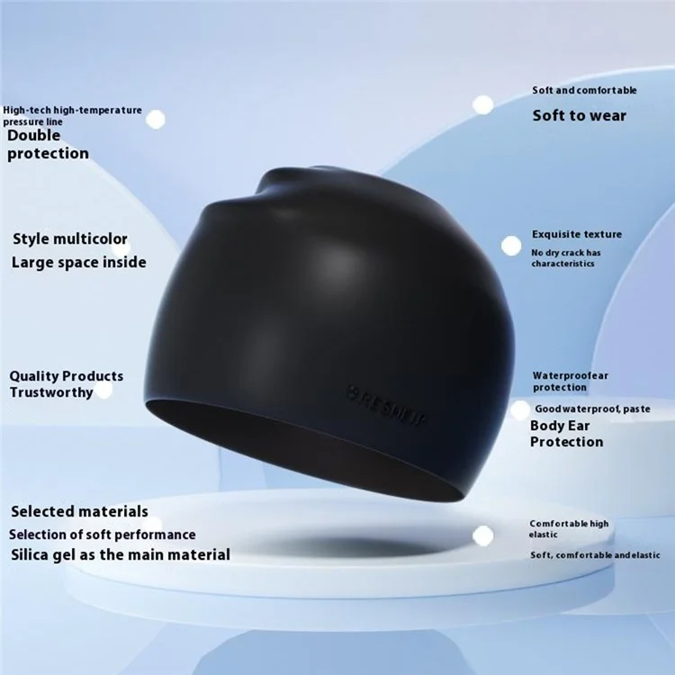 RESHEIR 20 x 24cm Adult Swim Cap Solid Color Elastic Silicone Swimming Hat for Men Women - Black
