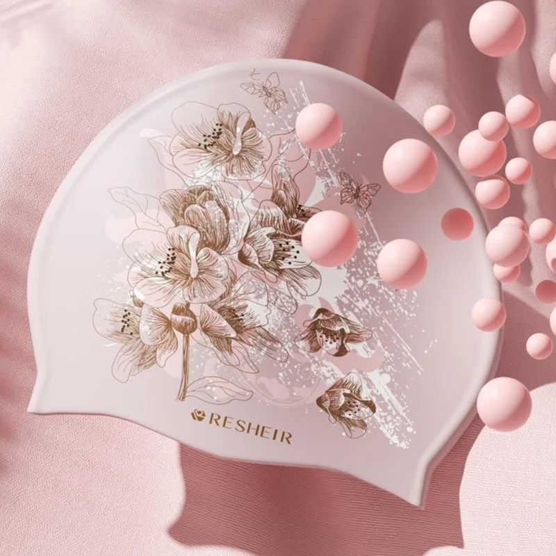 RESHEIR 24x20cm Women Swimming Cap Stylish Printed Silicone Swim Hat - Large Flower