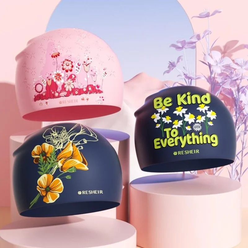 RESHEIR 24x20cm Women Swimming Cap Stylish Printed Silicone Swim Hat - Large Flower