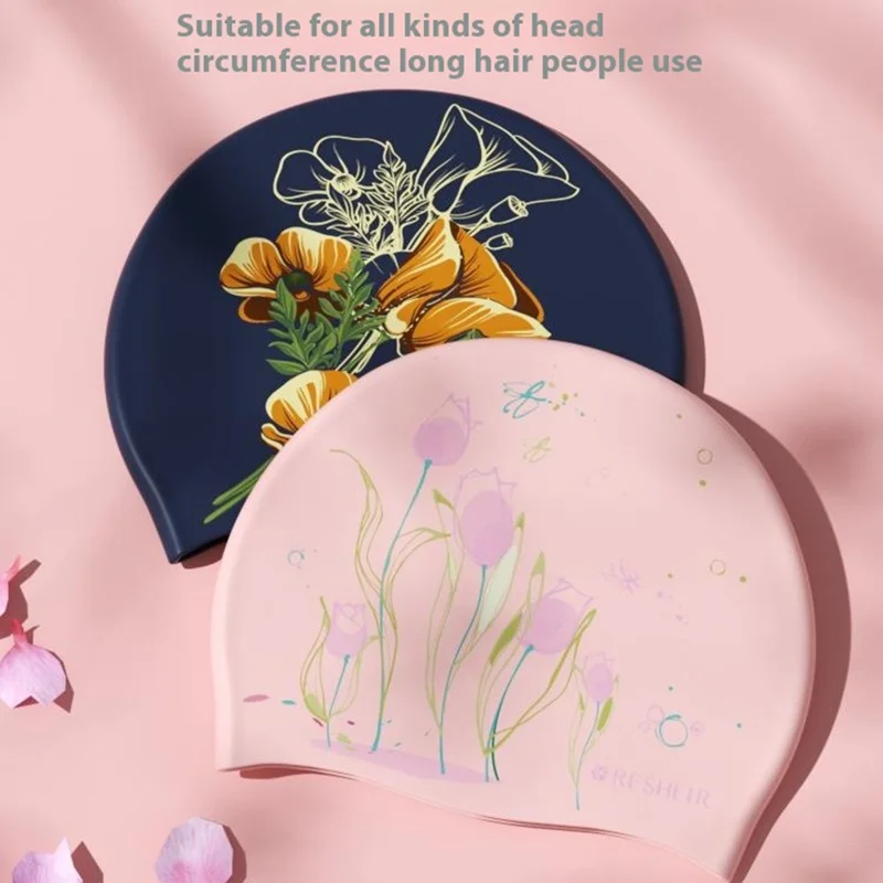 RESHEIR 24x20cm Women Swimming Cap Stylish Printed Silicone Swim Hat - Large Flower