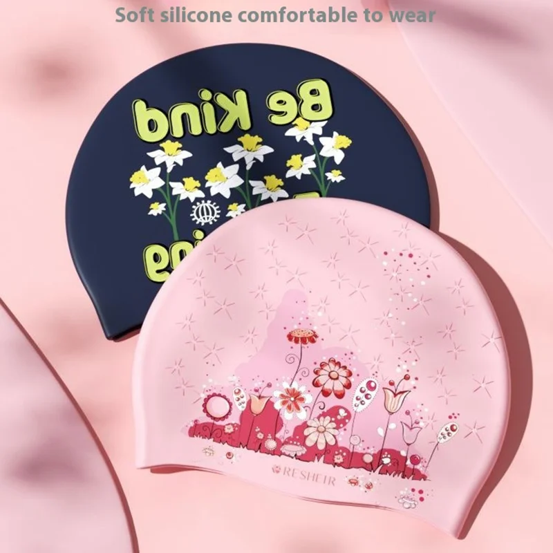 RESHEIR 24x20cm Women Swimming Cap Stylish Printed Silicone Swim Hat - Large Flower