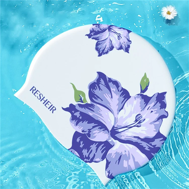 RESHEIR Touca de Natação Elástica de 24 x 20 cm com Estampa de Flores para Adultos, Impermeável, Proteção de Ouvidos e Cabelos