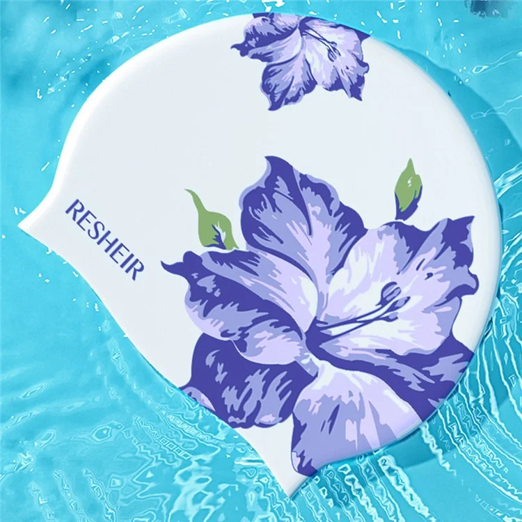 RESHEIR Touca de Natação Elástica de 24 x 20 cm com Estampa de Flores para Adultos, Impermeável, Proteção de Ouvidos e Cabelos