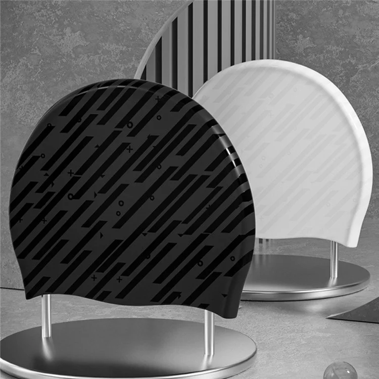 Gorro de Natación para Hombre con Patrón de Rayas Geométricas, Impermeable, Protección para los Oídos, Talla Grande - Negro, 24x20cm
