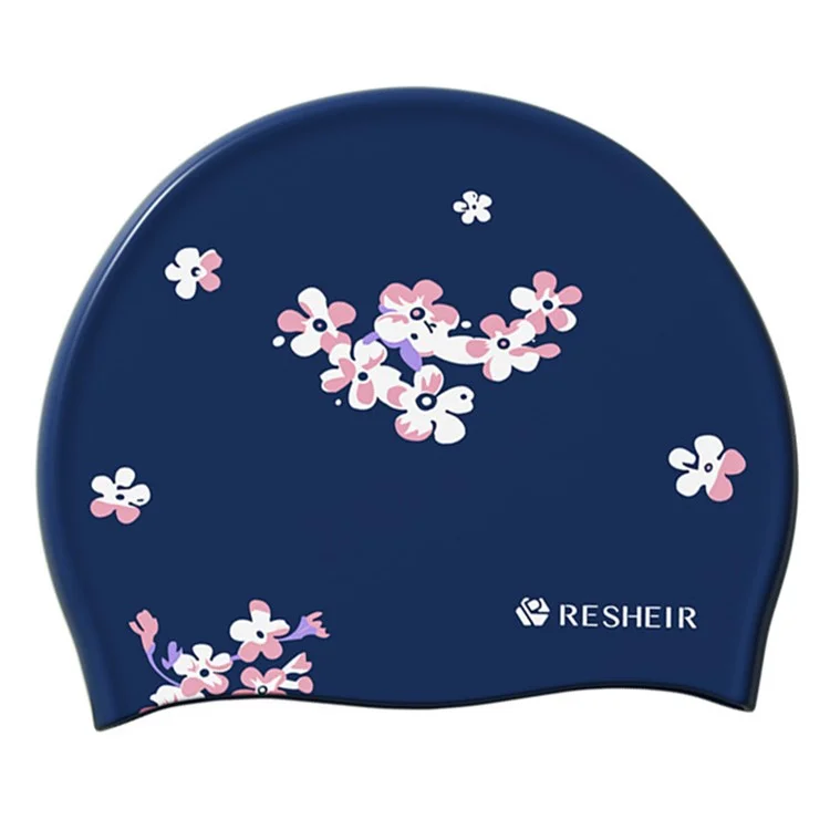 RESHEIR Gorro de Natación de Silicona para Mujer con Pelo Largo, Impreso, Resistente al Agua, Protección para los Oídos - Azul, 24x20cm