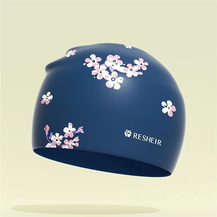 RESHEIR Gorro de Natación de Silicona para Mujer con Pelo Largo, Impreso, Resistente al Agua, Protección para los Oídos - Azul, 24x20cm