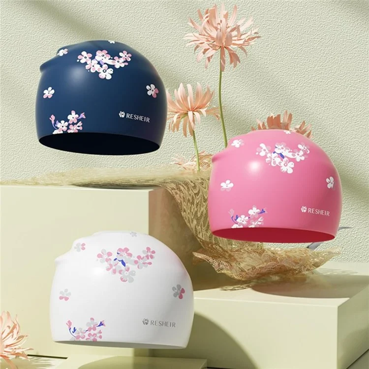 RESHEIR Gorro de Natación de Silicona para Mujer con Pelo Largo, Impreso, Resistente al Agua, Protección para los Oídos - Azul, 24x20cm