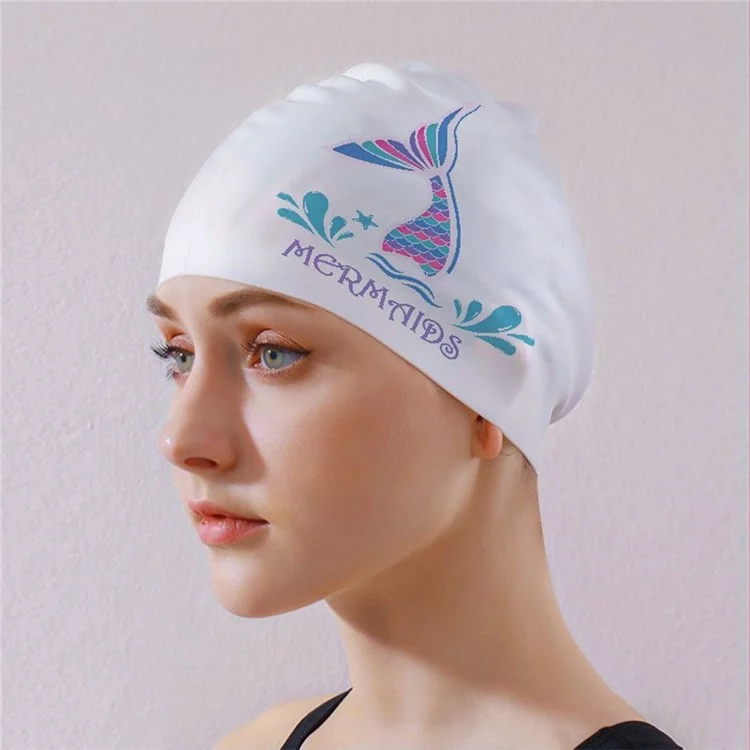 Touca de Natação Longa para Mulheres, Silicone Impresso, Impermeável, Antideslizante, Proteção para os Ouvidos, 24x20cm