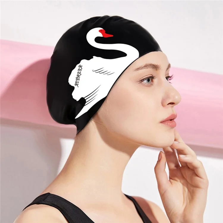 RESHEIR Cuffia da Nuoto Stampata Elegante per Donne con Alta Elasticità per Capelli Lunghi, 24x20cm - Cigno Nero / Stile C