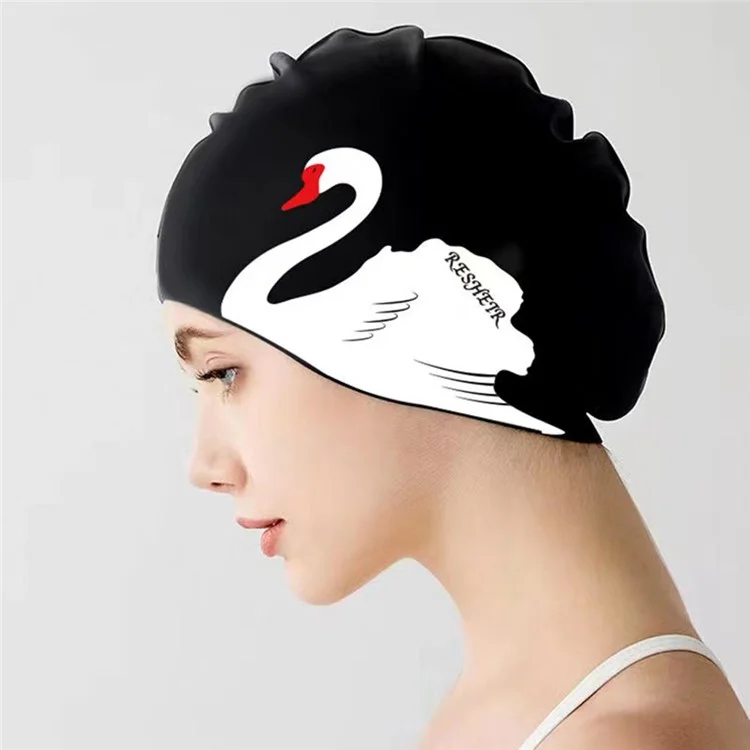 RESHEIR Cuffia da Nuoto Stampata Elegante per Donne con Alta Elasticità per Capelli Lunghi, 24x20cm - Cigno Nero / Stile C