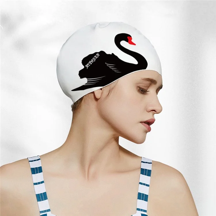 RESHEIR Cuffia da Nuoto Stampata Elegante per Donne con Alta Elasticità per Capelli Lunghi, 24x20cm - Cigno Nero / Stile C