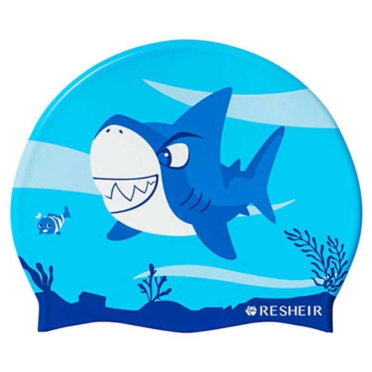 RESHEIR Cartoon Shark Pattern Silicone Swim Cap for Kids Waterproof Ear Protection Swimming Hat, 22.5 x 19.5cm