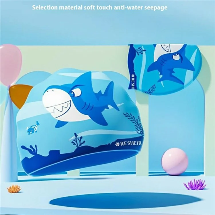RESHEIR Cartoon Shark Pattern Silicone Swim Cap for Kids Waterproof Ear Protection Swimming Hat, 22.5 x 19.5cm