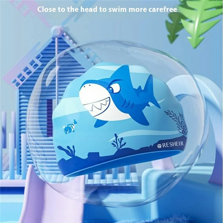 RESHEIR Cartoon Shark Pattern Silicone Swim Cap for Kids Waterproof Ear Protection Swimming Hat, 22.5 x 19.5cm