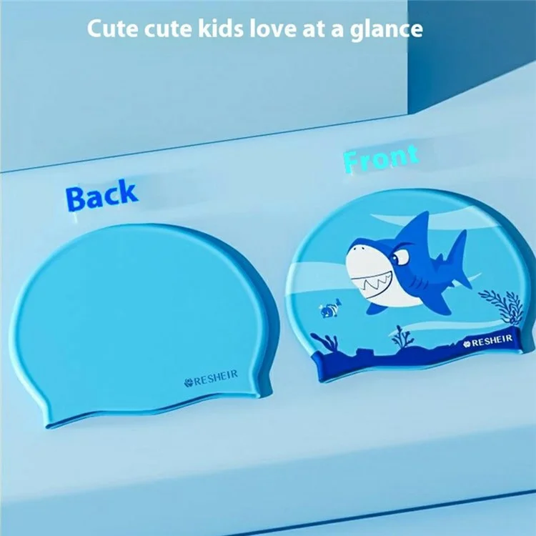 RESHEIR Cartoon Shark Pattern Silicone Swim Cap for Kids Waterproof Ear Protection Swimming Hat, 22.5 x 19.5cm