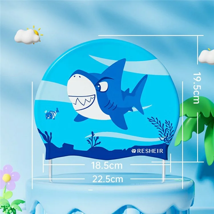 RESHEIR Cartoon Shark Pattern Silicone Swim Cap for Kids Waterproof Ear Protection Swimming Hat, 22.5 x 19.5cm