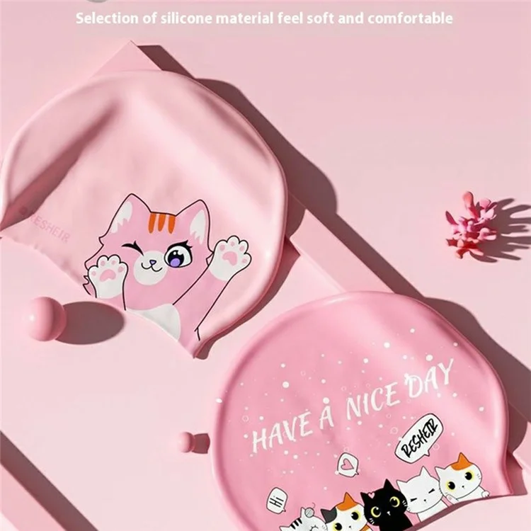 RESHEIR Cartoon Katzen-Muster Silikon Schwimmkappe für Kinder Wasserdicht Ohrenschutz Schwimmhaube, 22,5 x 19,5 cm - Fünf Katzen