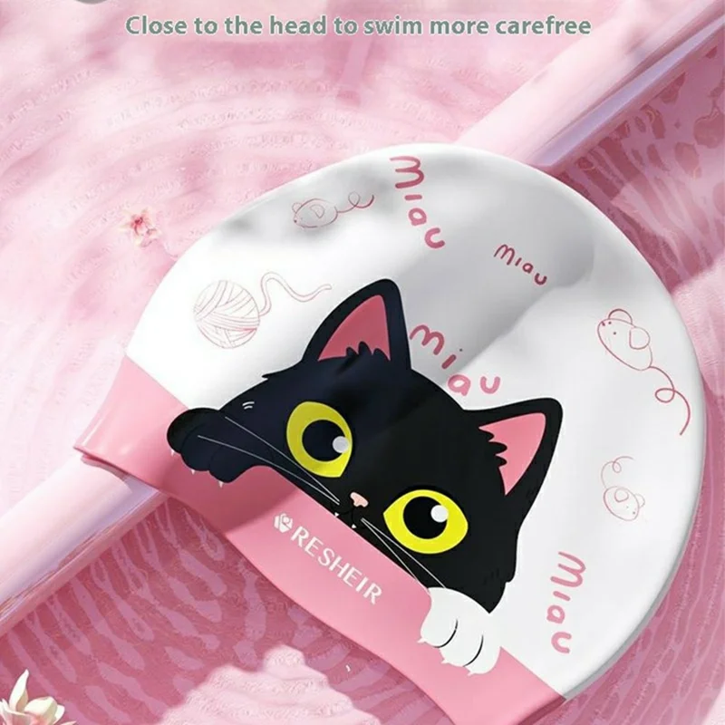 RESHEIR Cartoon Katzen-Muster Silikon Schwimmkappe für Kinder Wasserdicht Ohrenschutz Schwimmhaube, 22,5 x 19,5 cm - Fünf Katzen