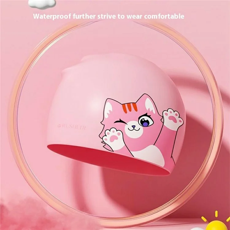 RESHEIR Cartoon Katzen-Muster Silikon Schwimmkappe für Kinder Wasserdicht Ohrenschutz Schwimmhaube, 22,5 x 19,5 cm - Fünf Katzen