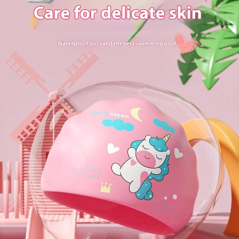 Touca de Natação Infantil de Silicone com Desenho de Desenho Animado, Proteção para Ouvidos e Impermeável - Veado, 22,5x19,5cm