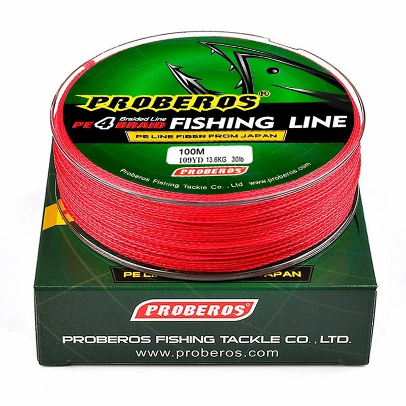 PROBEROS 100M PE Braided Fishing Line 4 Strands High Strength Multifilament Fish Line Red - 2.0  /  25LB
