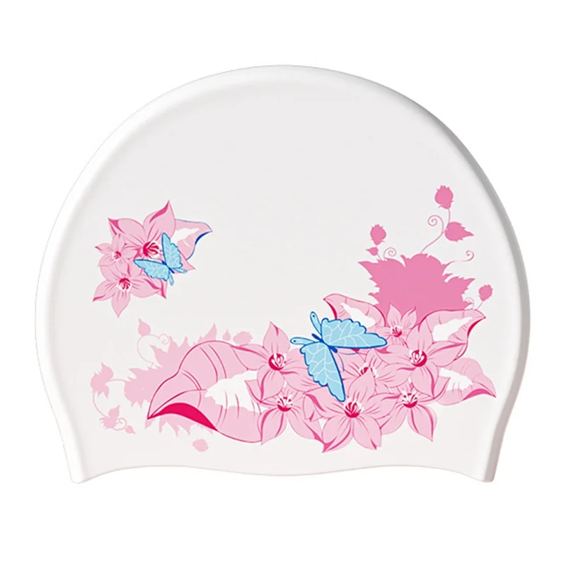 Touca de Natação de Silicone para Adultos com Cabelo Longo, Proteção para os Ouvidos, à Prova d'Água - Flor Rosa, 24x24cm