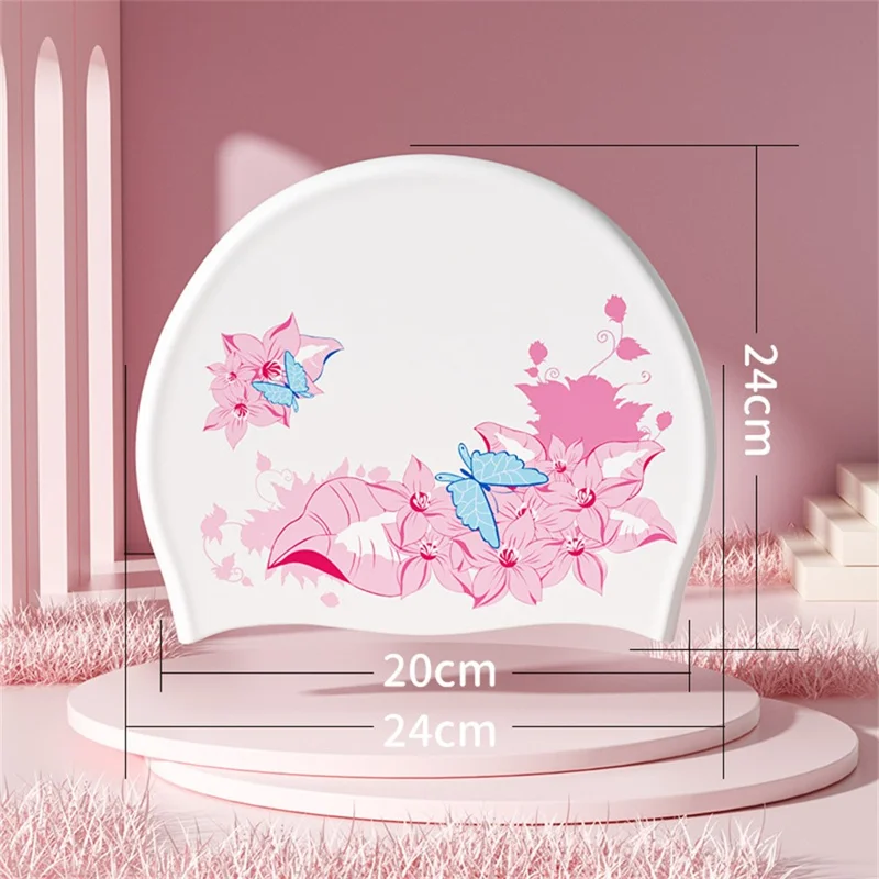 Touca de Natação de Silicone para Adultos com Cabelo Longo, Proteção para os Ouvidos, à Prova d'Água - Flor Rosa, 24x24cm