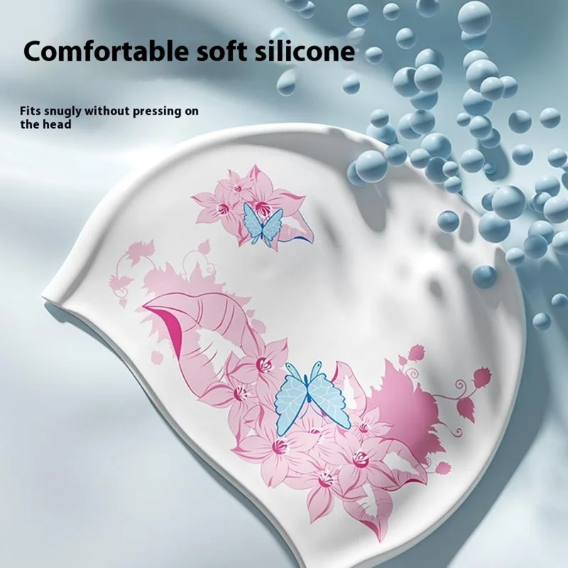 Touca de Natação de Silicone para Adultos com Cabelo Longo, Proteção para os Ouvidos, à Prova d'Água - Flor Rosa, 24x24cm