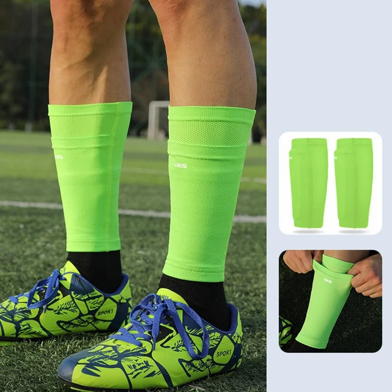 VBOSI 4025V 1Paar 23cm Fußball Schienbeinschoner Socken Ärmel Einsatz Doppelschicht Schutzausrüstung, Größe L - Neongrün