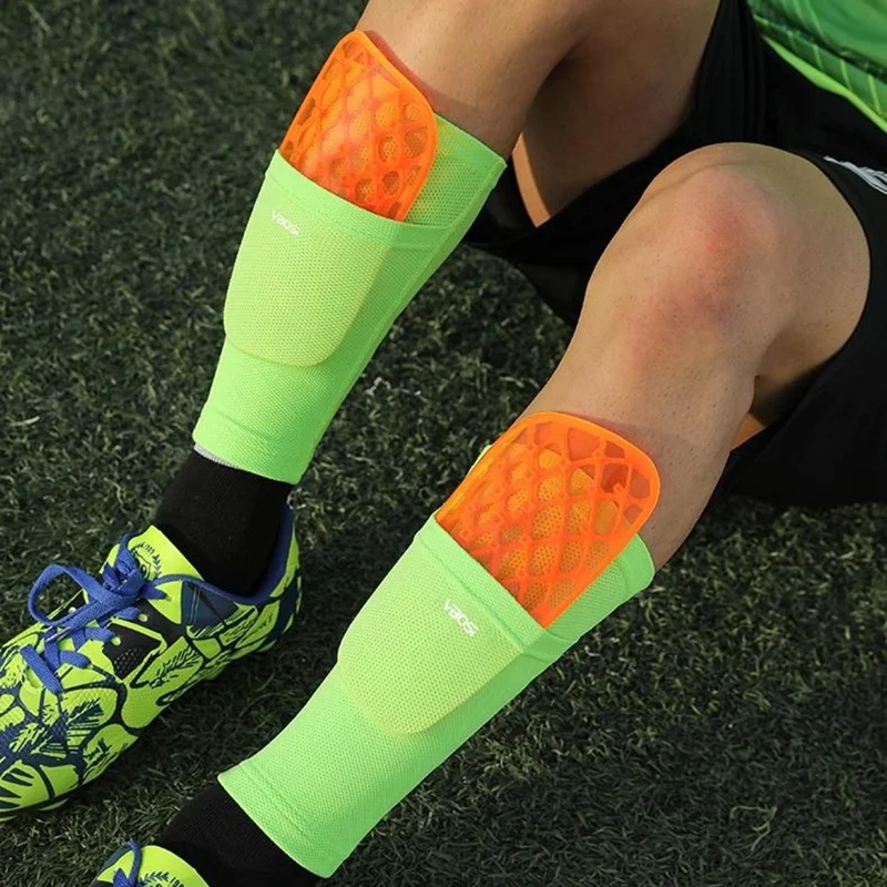VBOSI 4025V 1Paar 23cm Fußball Schienbeinschoner Socken Ärmel Einsatz Doppelschicht Schutzausrüstung, Größe L - Neongrün