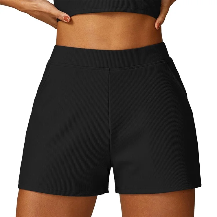 8526 Women Ribbed High Waist Yoga Shorts with Pockets for Gym Cycling Running - Black / M