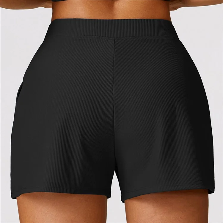 8526 Women Ribbed High Waist Yoga Shorts with Pockets for Gym Cycling Running - Black / M