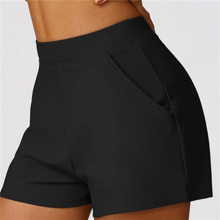 8526 Women Ribbed High Waist Yoga Shorts with Pockets for Gym Cycling Running - Black / M